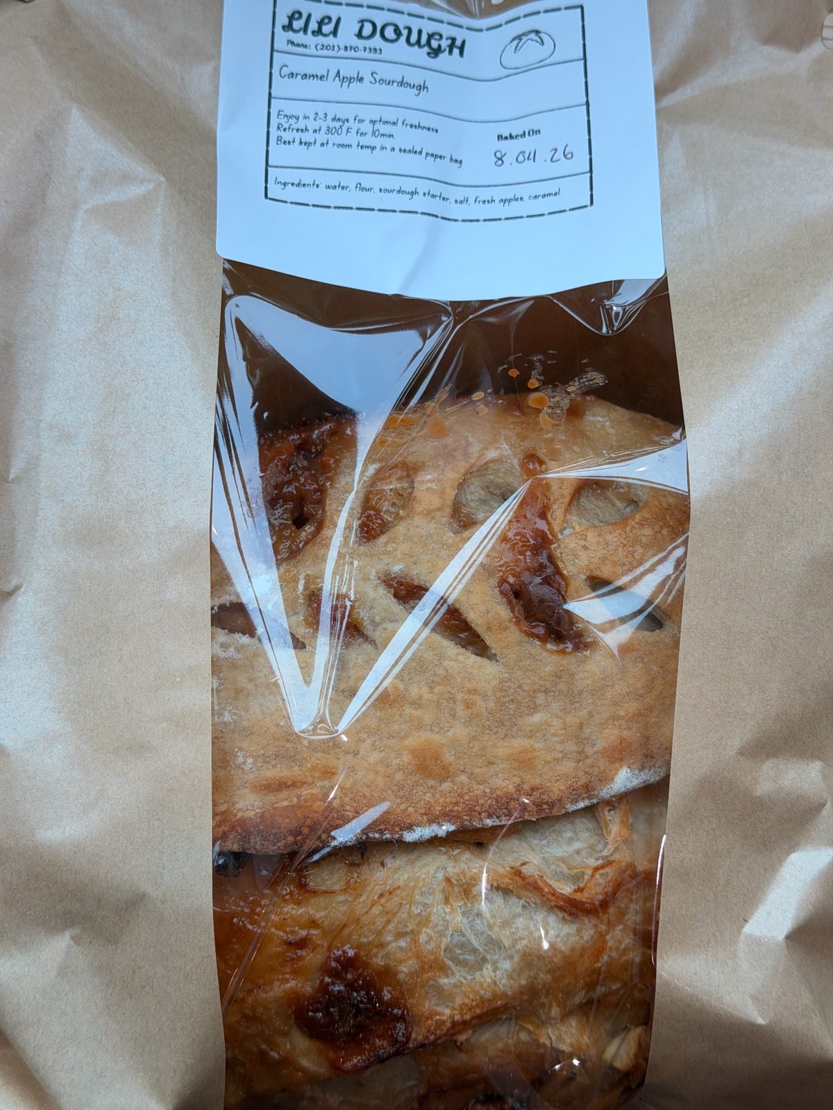 Lili Dough Caramel Apple Sourdough, packaged with label